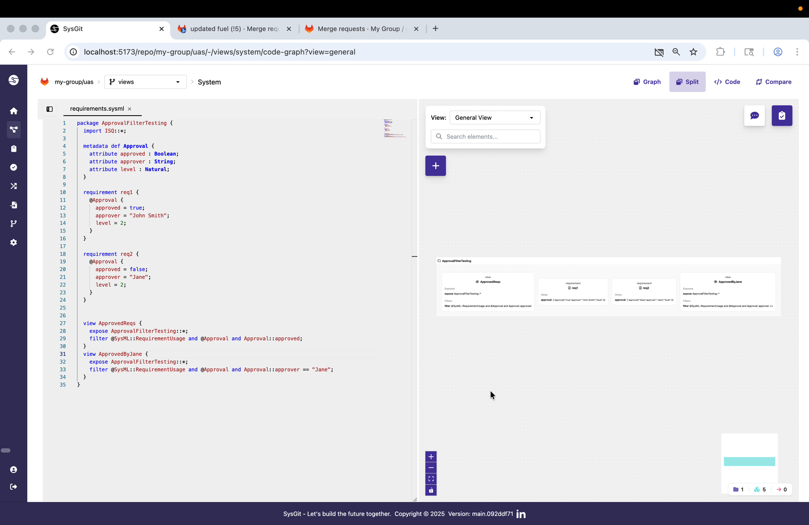 Initial view showing SysML v2 model with metadata definition and requirements